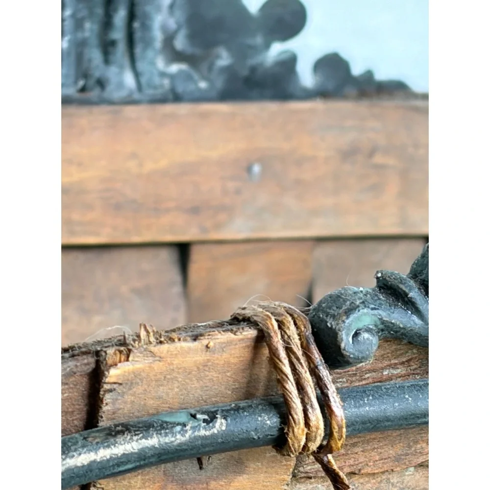 Vintage Woven Wood Splint Log Basket Wrought Iron Scrolled Frame Hearth Holder